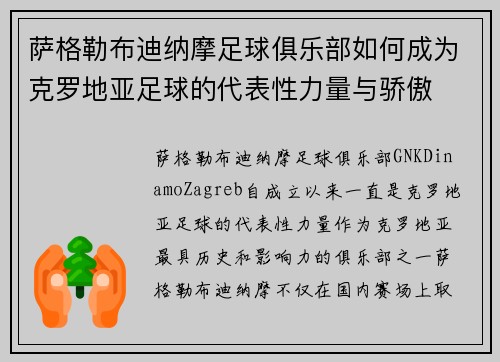 萨格勒布迪纳摩足球俱乐部如何成为克罗地亚足球的代表性力量与骄傲