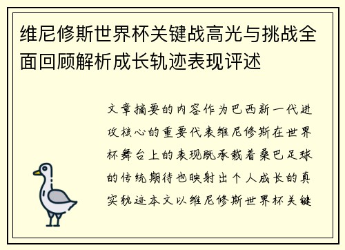 维尼修斯世界杯关键战高光与挑战全面回顾解析成长轨迹表现评述 维尼修斯世界杯关键战高光与挑战全面回顾解析成长轨迹表现评述